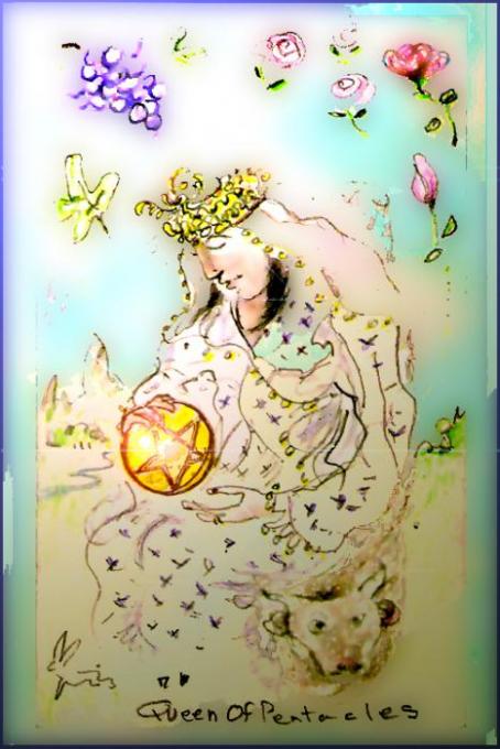 Queen of Pentacles, 'Shopped; colored pencil on 3x5index cards, photoshop't; 2005-2009